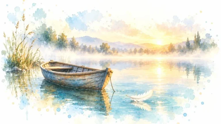 Aquarelle d’une barque vide sur un lac calme au petit matin, une plume blanche qui flotte à côté