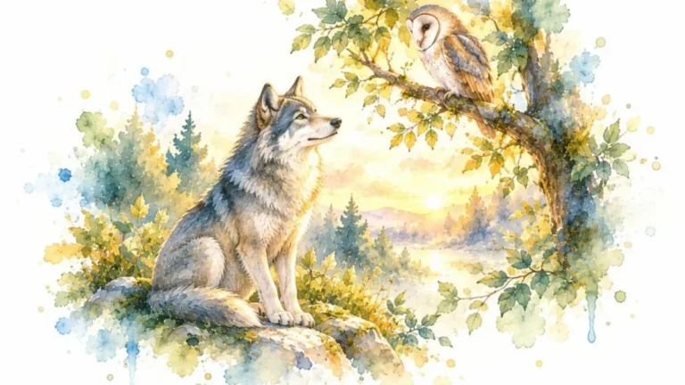Aquarelle d’un loup assis qui regarde une chouette posée sur une branche, dans une lumière dorée