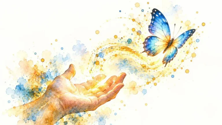 Aquarelle d’un papillon bleu qui s’envole d’une main ouverte dans un tourbillon doré